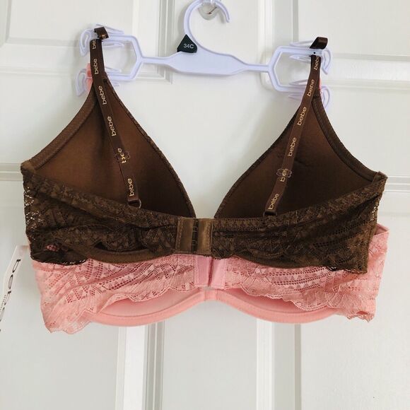 2 Pack bebe Intimates Size 34C Sexy Push Up Plunge Bras Tag Free Pink/Brown 187 - Picture 3 of 7